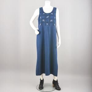 Vintage Long Pinafore Jean Dress, Embroidered Flowers, Women's Small